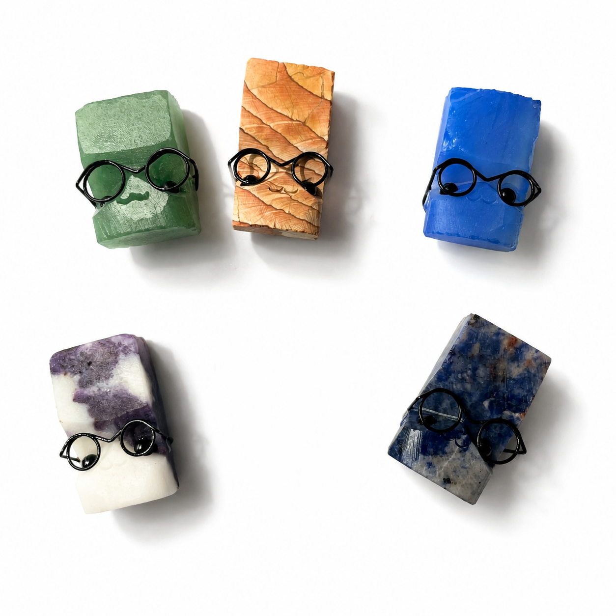Multi-material crystal carved figurine assorted crystal raw stones cut into block shapes wearing glasses small statues-C005