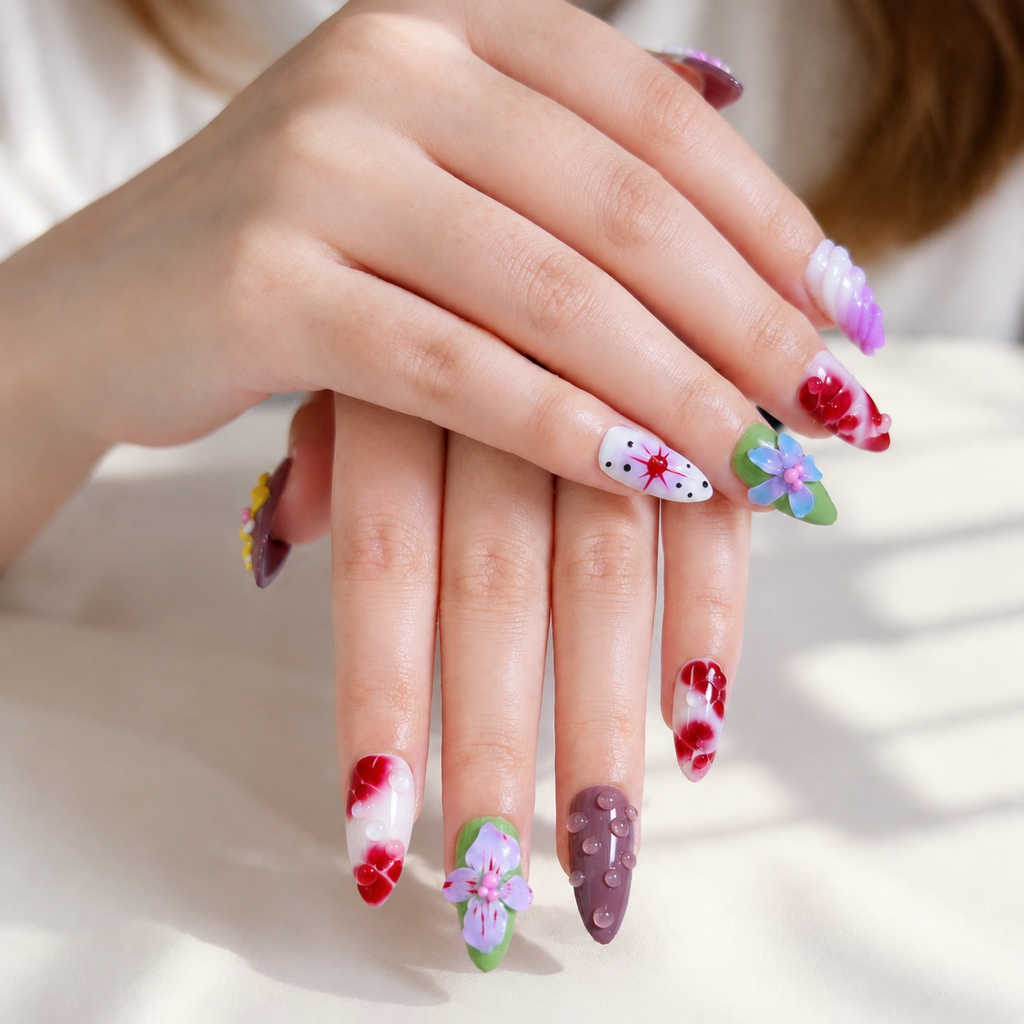 Elegant handmade nails 3D purple flower design with pearl details medium almond Nails feminine vibe-Glass Garden Theory A002