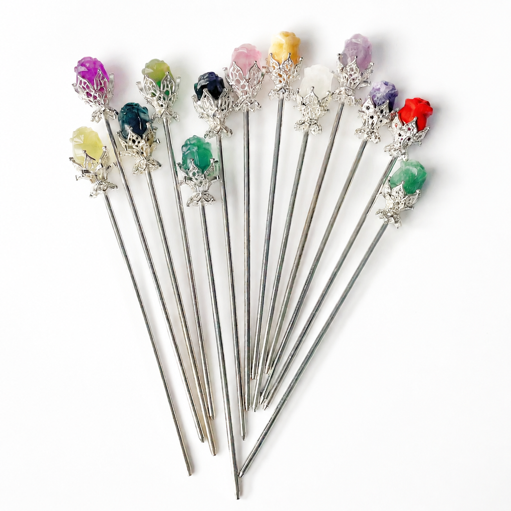 Rainbow fluorite clear quatz random rose flower hairpin carving-Silver C001