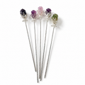 Rainbow fluorite clear quatz random rose flower hairpin carving-Silver C001