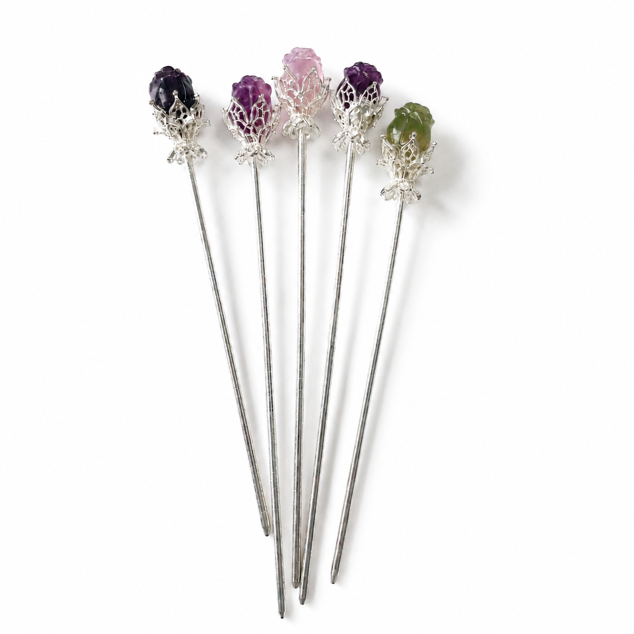 Rainbow fluorite clear quatz random rose flower hairpin carving-Silver C001