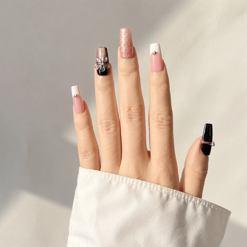 Handmade medium coffin press on nails medium coffin brown cat eye glitter floral 3D flower rhinestone nails-Noir Spark A018