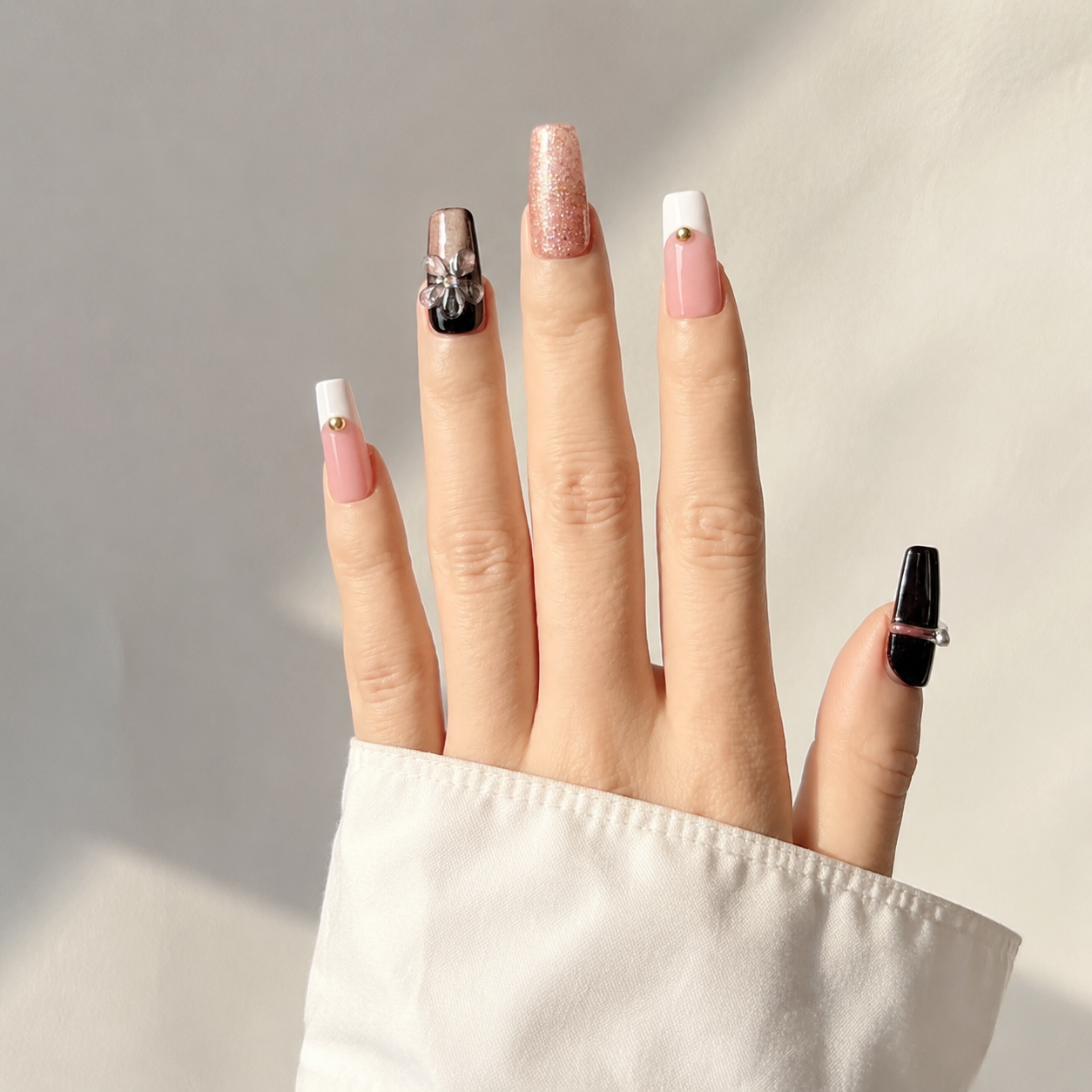 Handmade medium coffin press on nails medium coffin brown cat eye glitter floral 3D flower rhinestone nails-Noir Spark A018