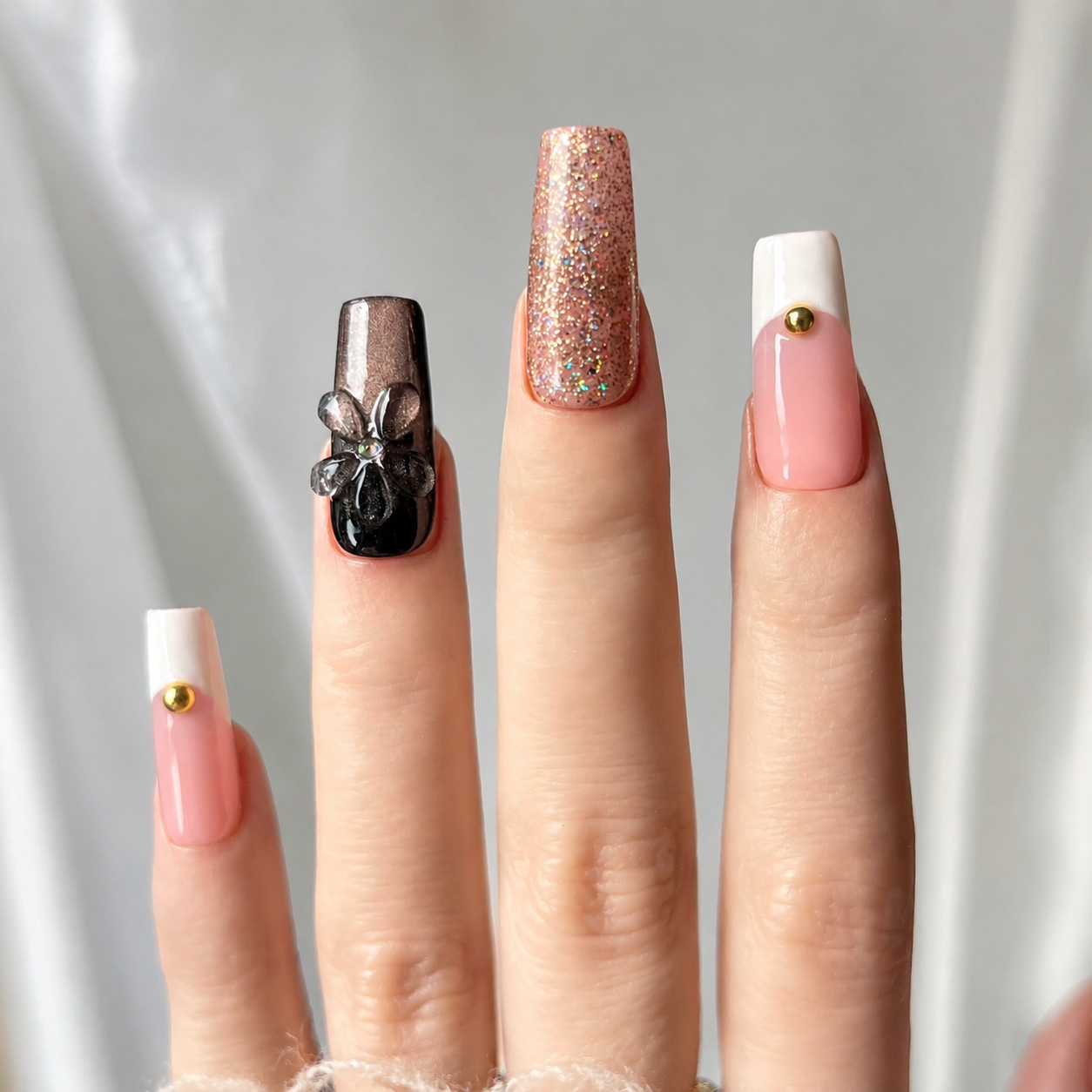 Handmade medium coffin press on nails medium coffin brown cat eye glitter floral 3D flower rhinestone nails-Noir Spark A018