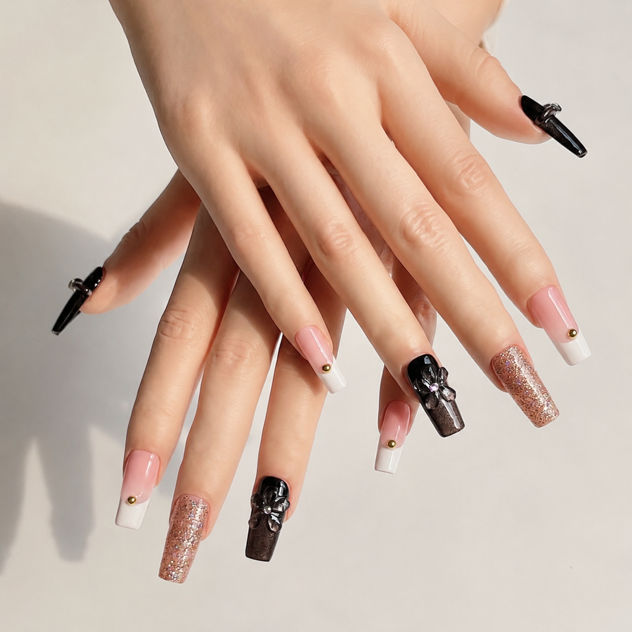 Handmade medium coffin press on nails medium coffin brown cat eye glitter floral 3D flower rhinestone nails-Noir Spark A018