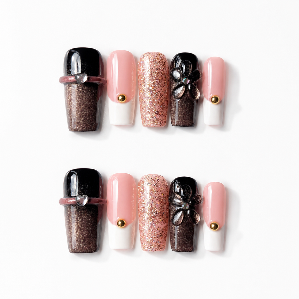Handmade medium coffin press on nails medium coffin brown cat eye glitter floral 3D flower rhinestone nails-Noir Spark A018