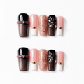 Handmade medium coffin press on nails medium coffin brown cat eye glitter floral 3D flower rhinestone nails-Noir Spark A018