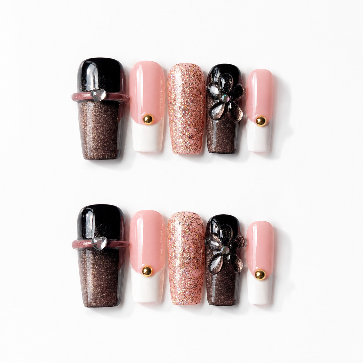 Handmade medium coffin press on nails medium coffin brown cat eye glitter floral 3D flower rhinestone nails-Noir Spark A018