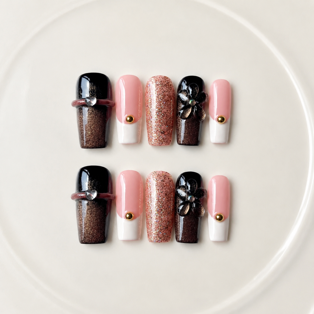 Handmade medium coffin press on nails medium coffin brown cat eye glitter floral 3D flower rhinestone nails-Noir Spark A018