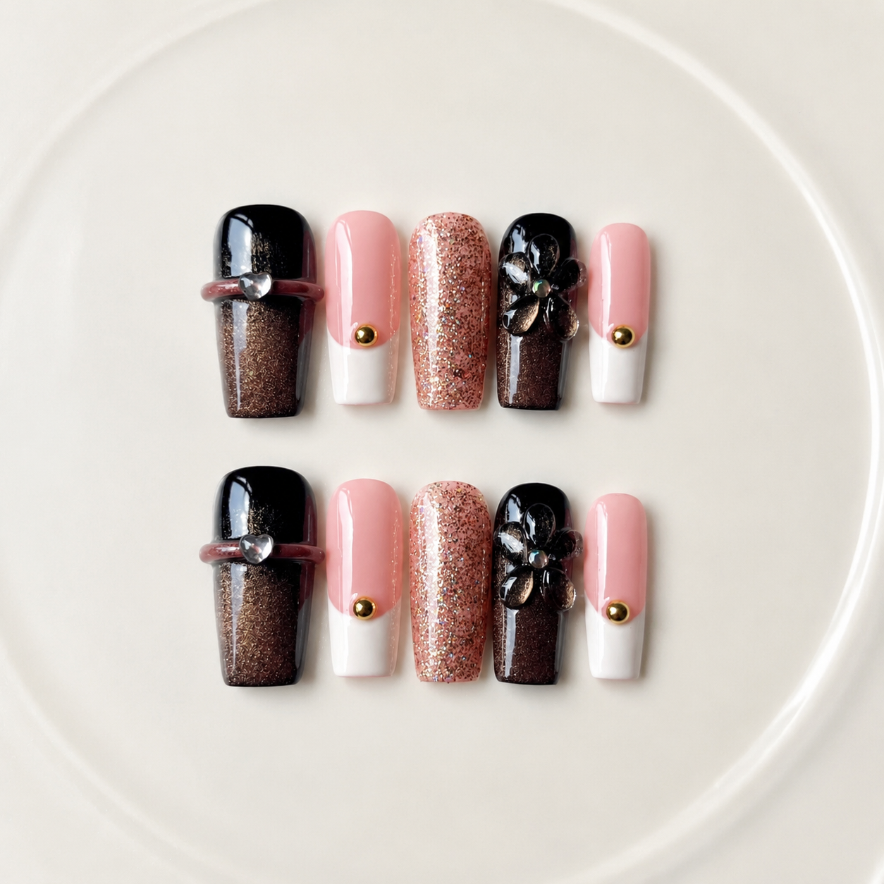 Handmade medium coffin press on nails medium coffin brown cat eye glitter floral 3D flower rhinestone nails-Noir Spark A018