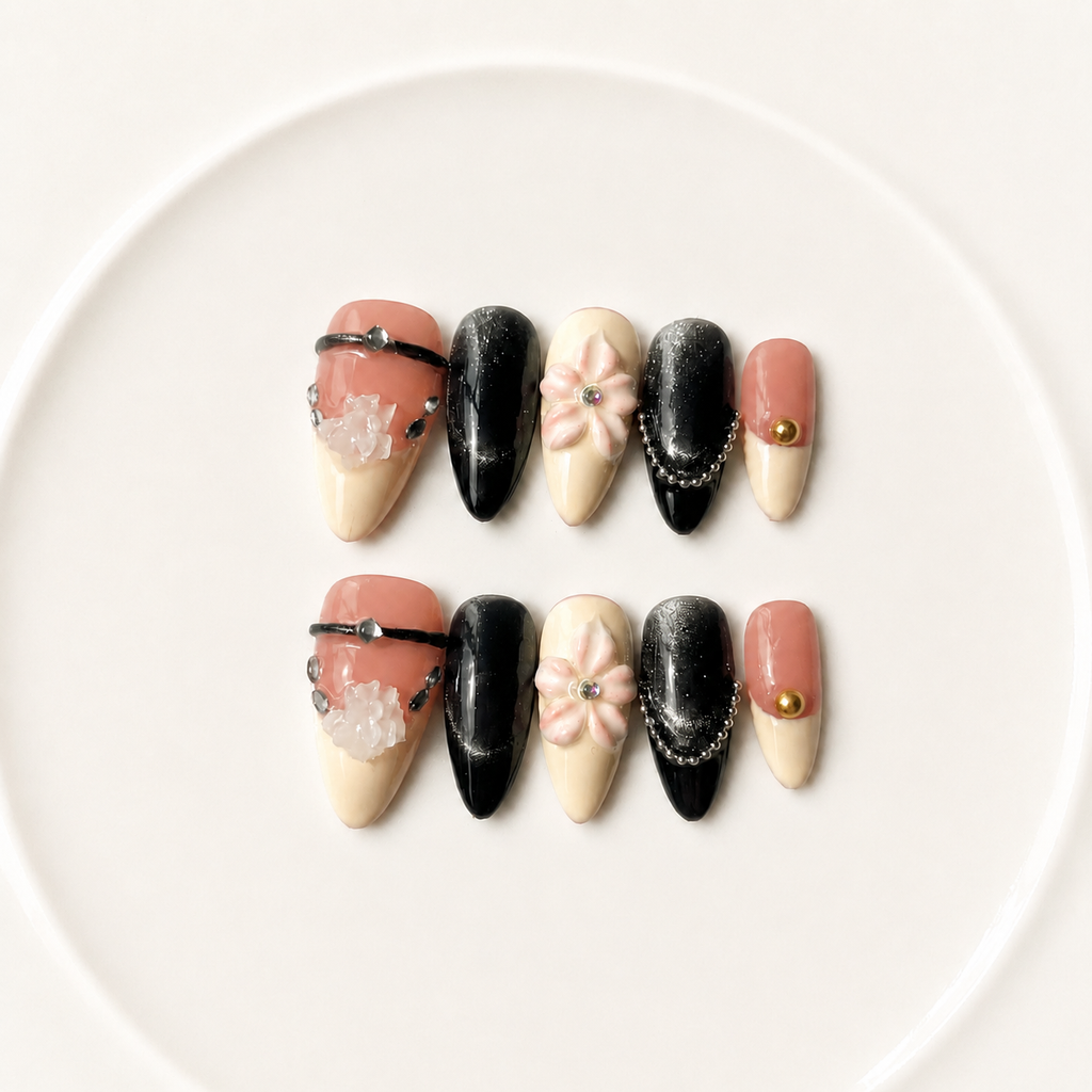 Handmade medium almond black cat eye nude pink floral 3D flower rhinestone elegant fake nails-Midnight Petal A019