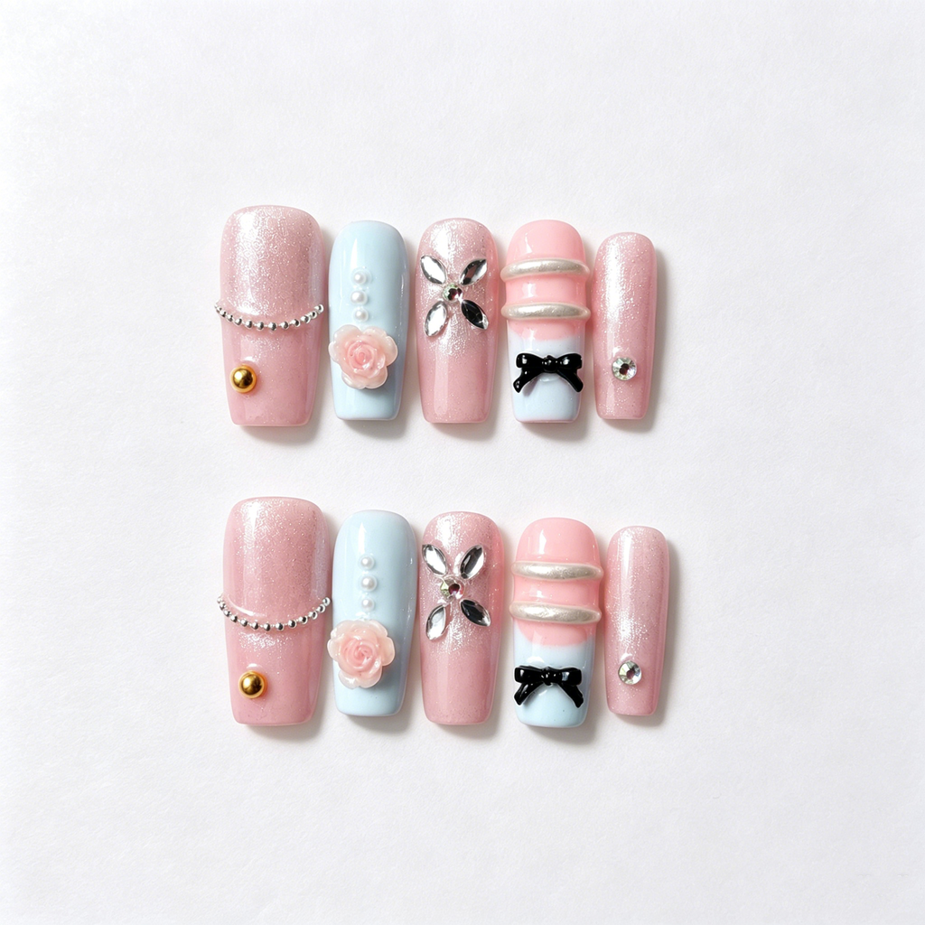 Handmade pastel pink & baby blue 3D bow Y2K rhinestone floral cute medium coffin nail-Pink Blue Glow A024
