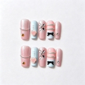 Handmade pastel pink & baby blue 3D bow Y2K rhinestone floral cute medium coffin nail-Pink Blue Glow A024