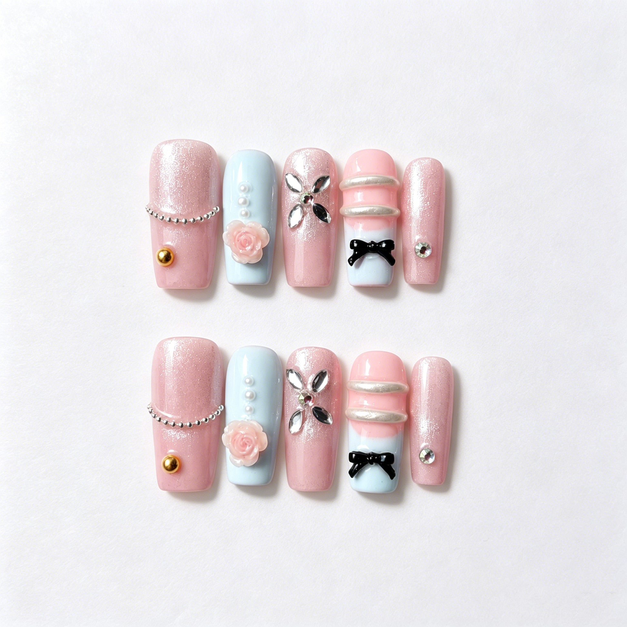 Handmade pastel pink & baby blue 3D bow Y2K rhinestone floral cute medium coffin nail-Pink Blue Glow A024