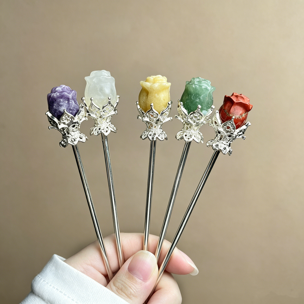 Rainbow fluorite clear quatz random rose flower hairpin carving-Silver C001