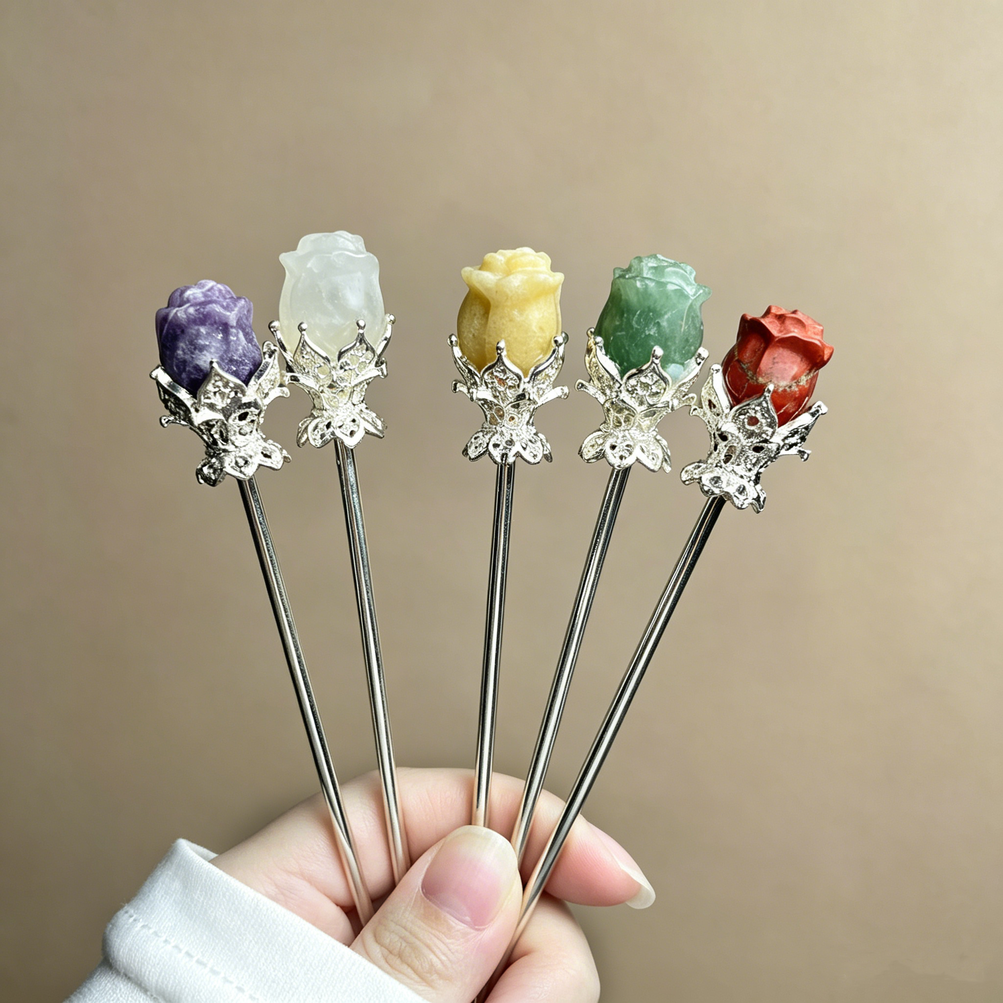 Rainbow fluorite clear quatz random rose flower hairpin carving-Silver C001