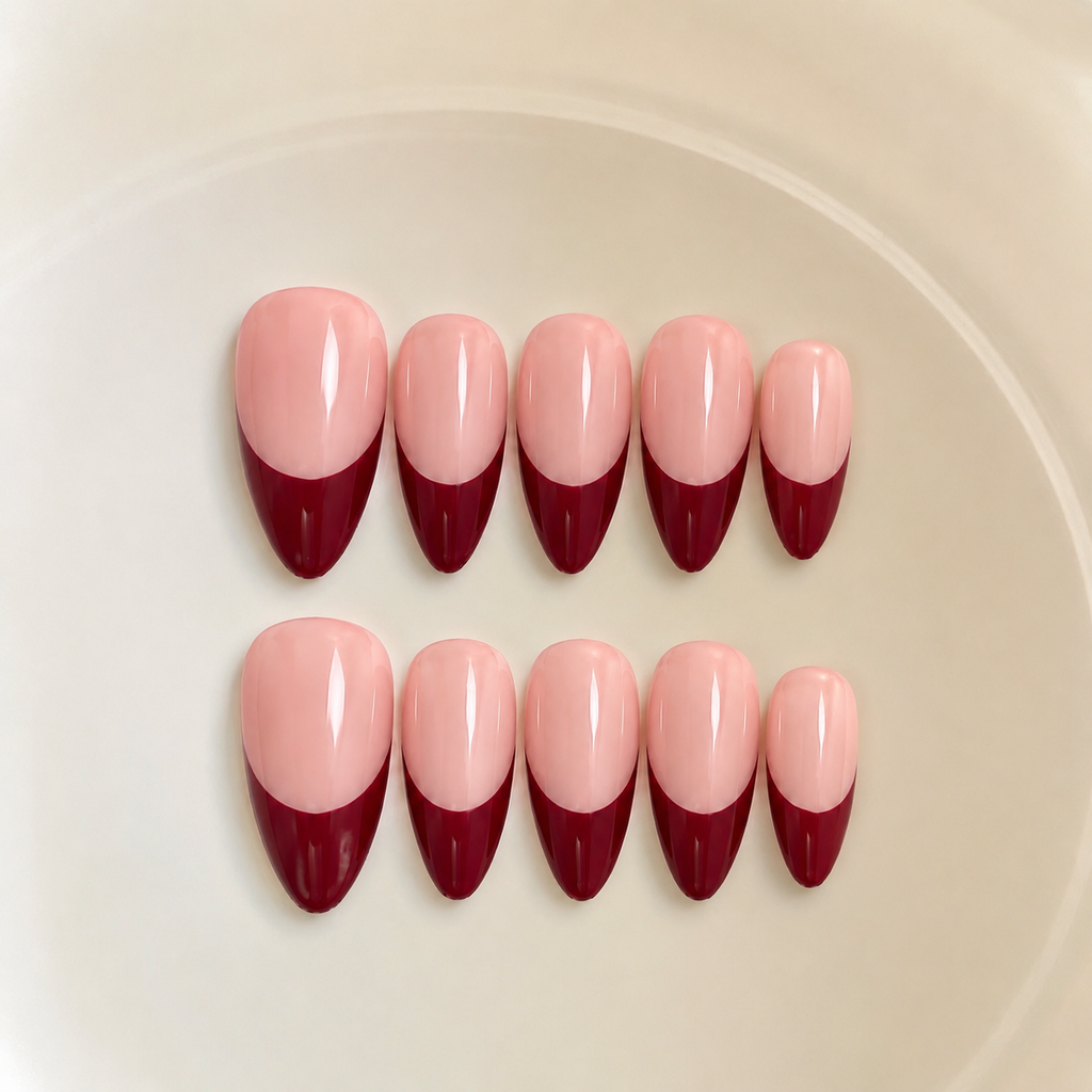 Handmade medium almond red french tip natural press on nail, Premium Hand paint Nails-Red French A003