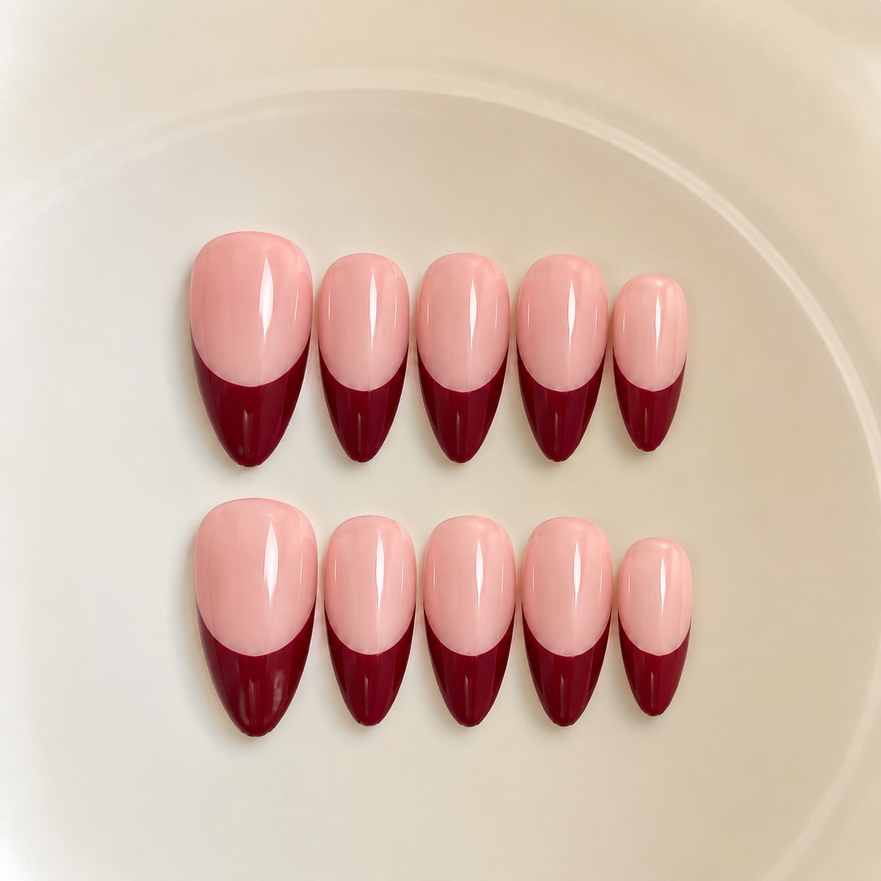 Handmade medium almond red french tip natural press on nail, Premium Hand paint Nails-Red French A003