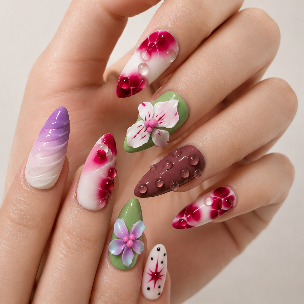 Elegant handmade nails 3D purple flower design with pearl details medium almond Nails feminine vibe-Glass Garden Theory A002