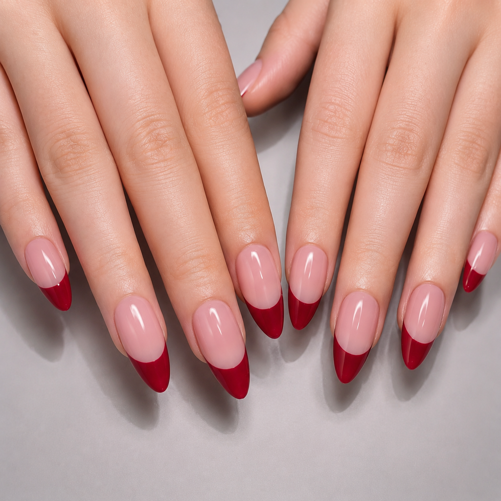 Handmade medium almond red french tip natural press on nail, Premium Hand paint Nails-Red French A003