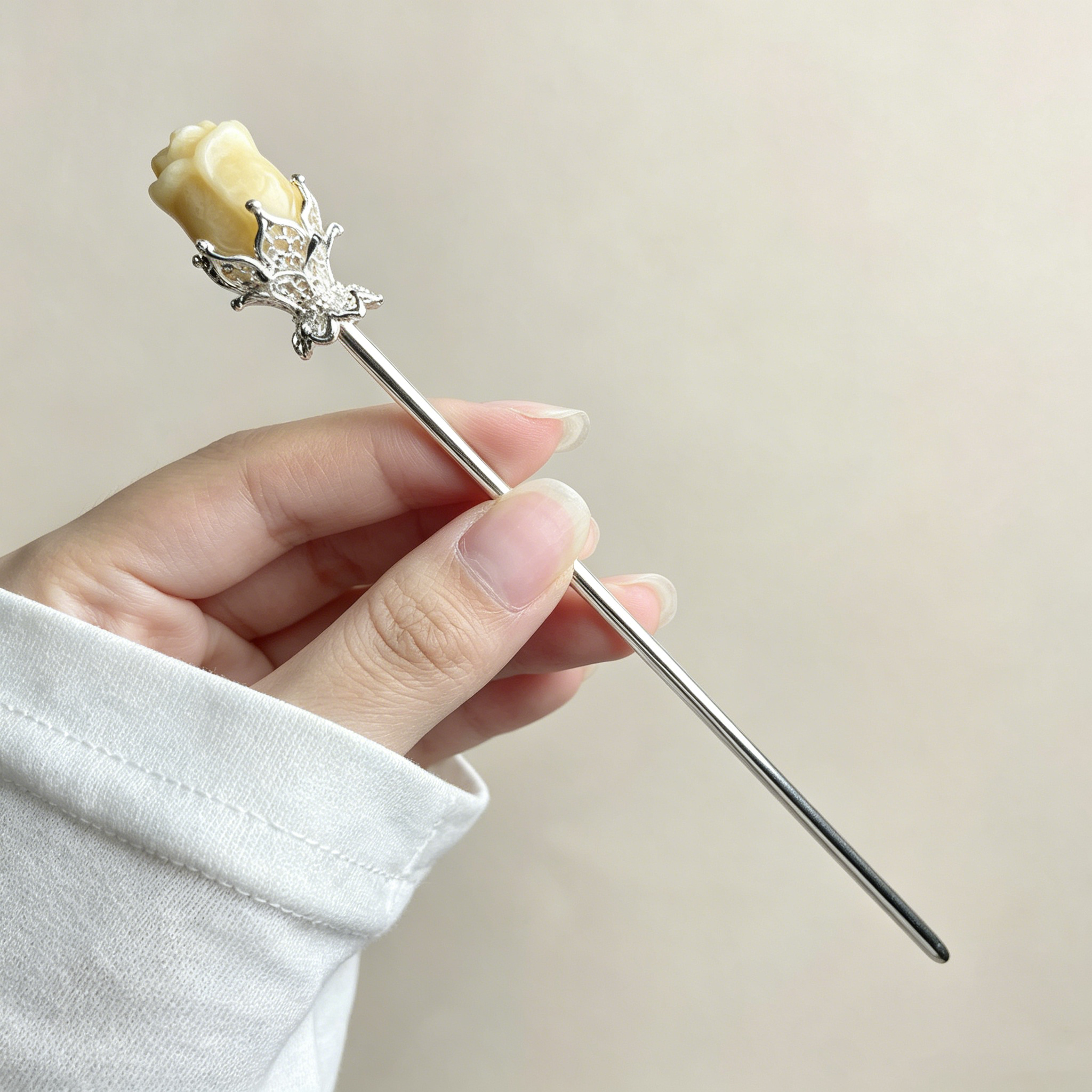 Rainbow fluorite clear quatz random rose flower hairpin carving-Silver C001