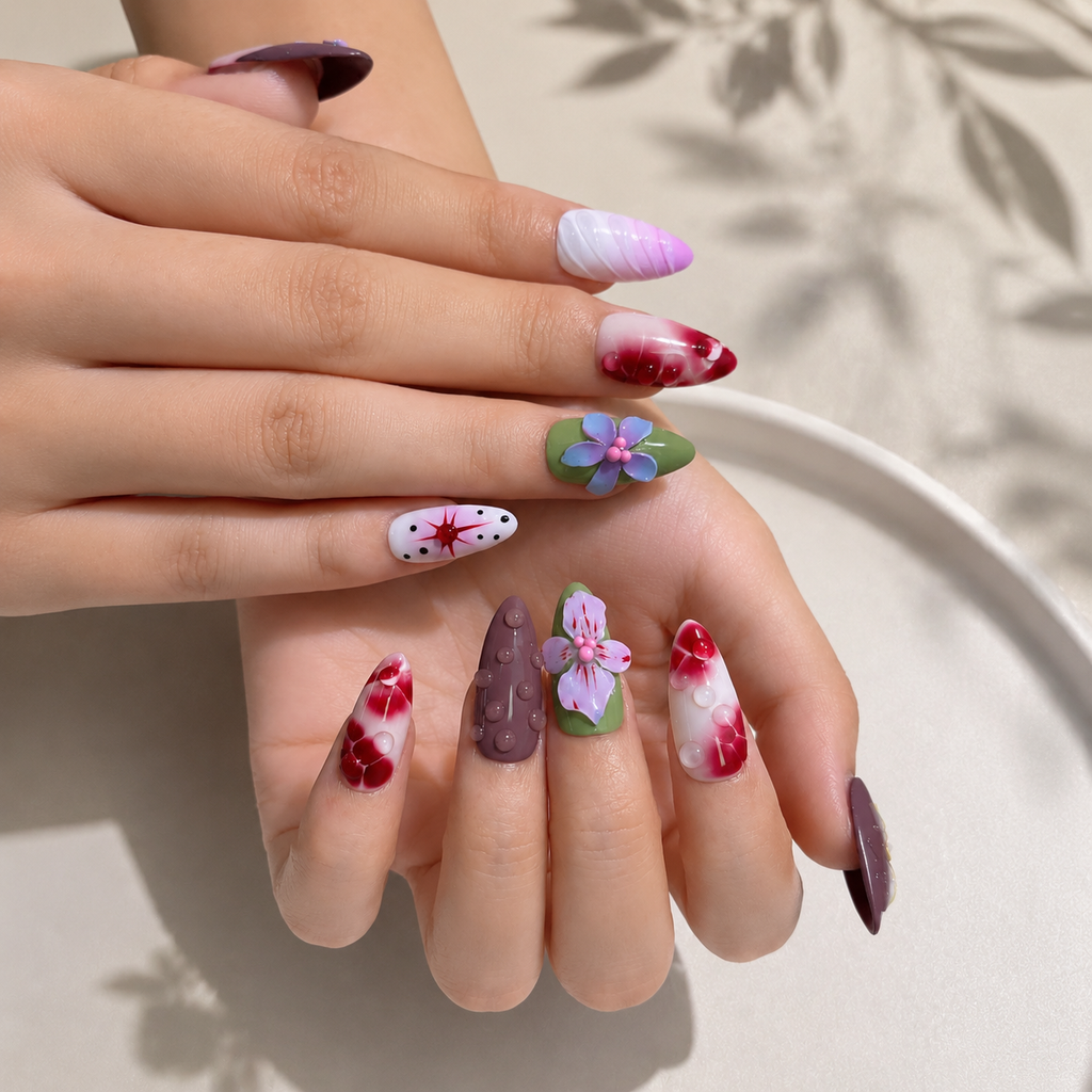 Elegant handmade nails 3D purple flower design with pearl details medium almond Nails feminine vibe-Glass Garden Theory A002