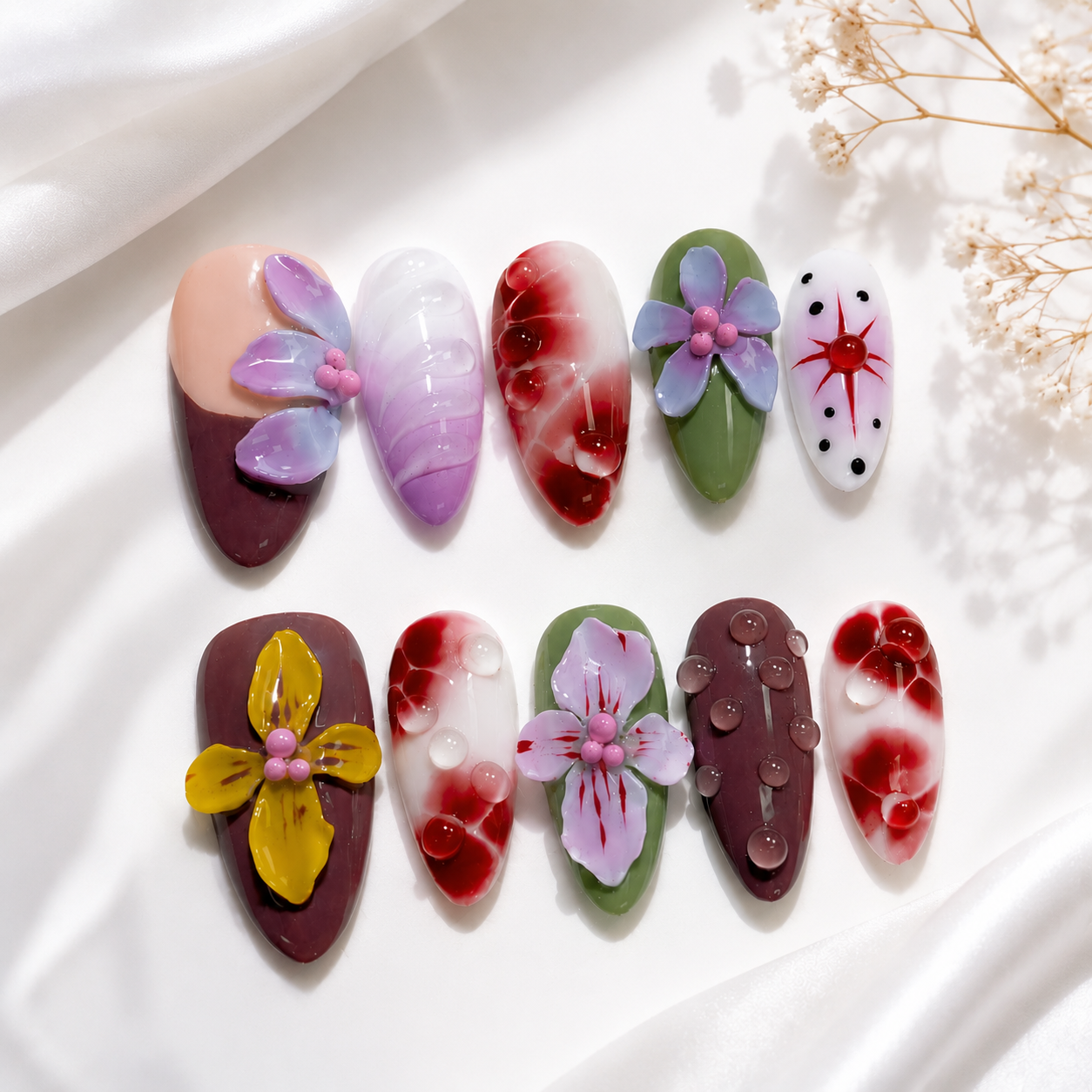 Elegant handmade nails 3D purple flower design with pearl details medium almond Nails feminine vibe-Glass Garden Theory A002