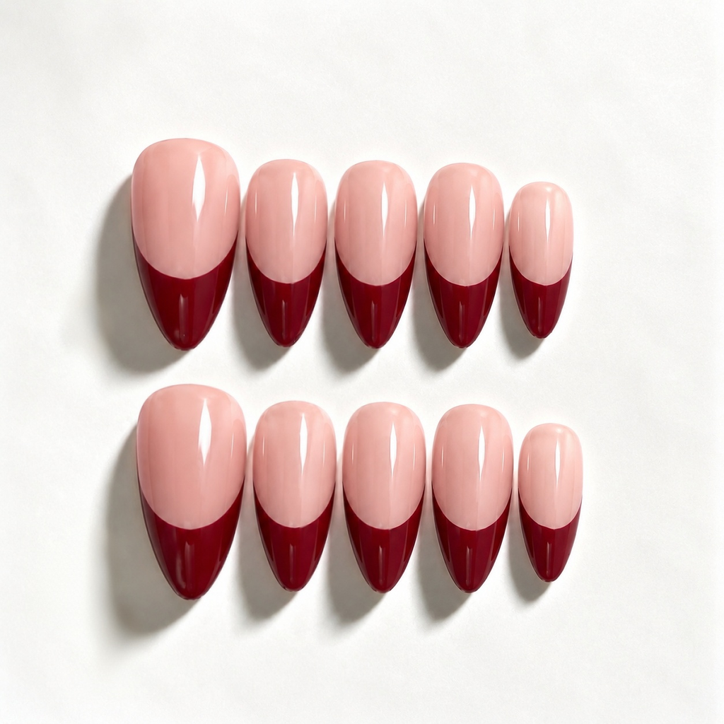 Handmade medium almond red french tip natural press on nail, Premium Hand paint Nails-Red French A003