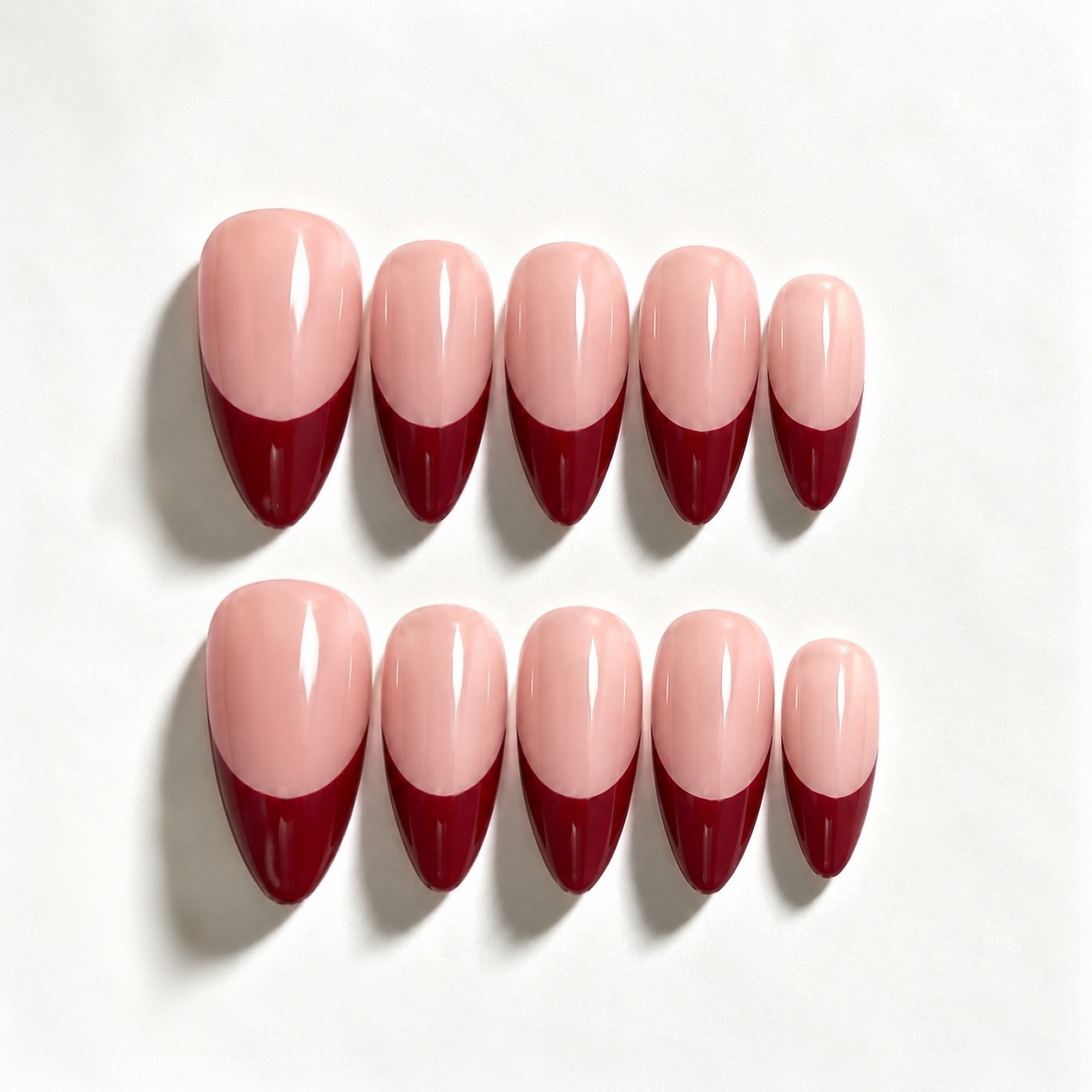 Handmade medium almond red french tip natural press on nail, Premium Hand paint Nails-Red French A003