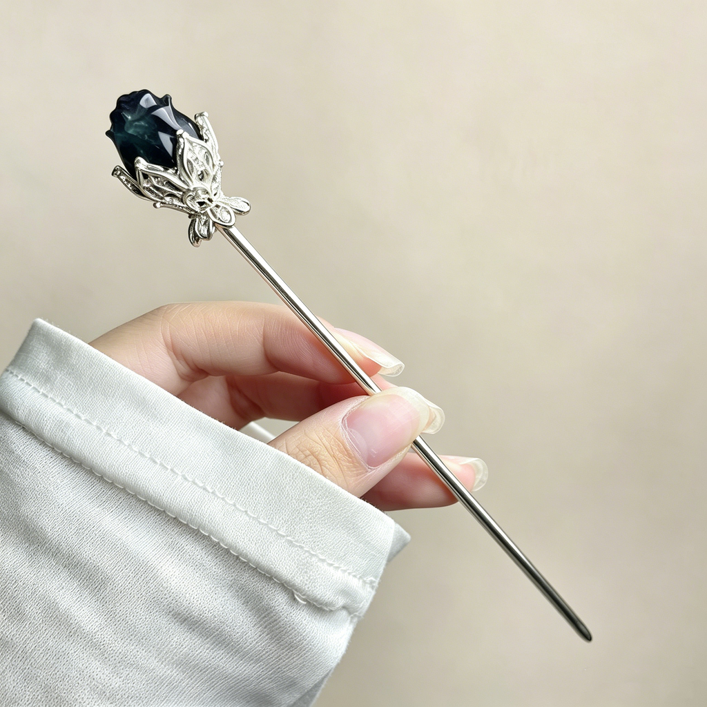 Rainbow fluorite clear quatz random rose flower hairpin carving-Silver C001