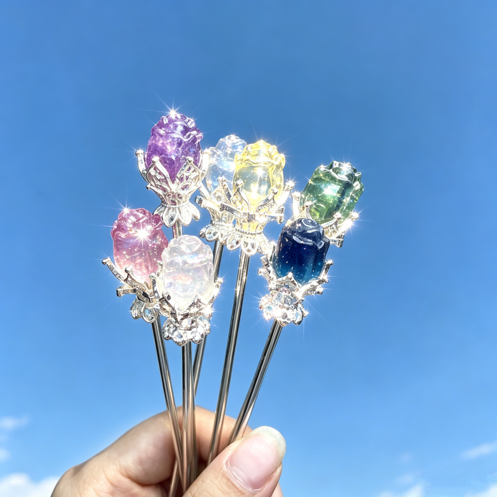 Rainbow fluorite clear quatz random rose flower hairpin carving-Silver C001