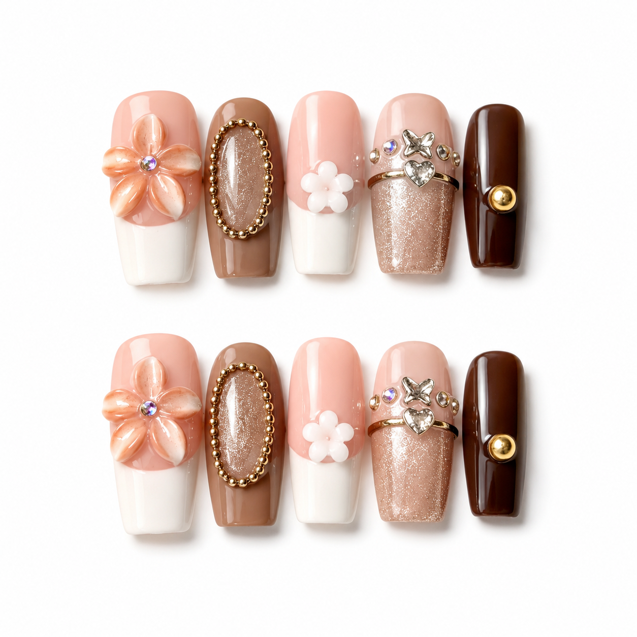 Elegant handmade mocha blossom medium coffin nails with cat eye and 3D flower-Amber Atelier A026