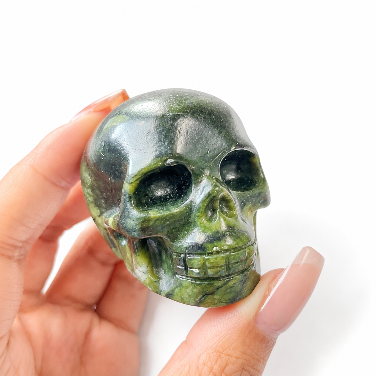 Hand carved green jade skull crystal-C017