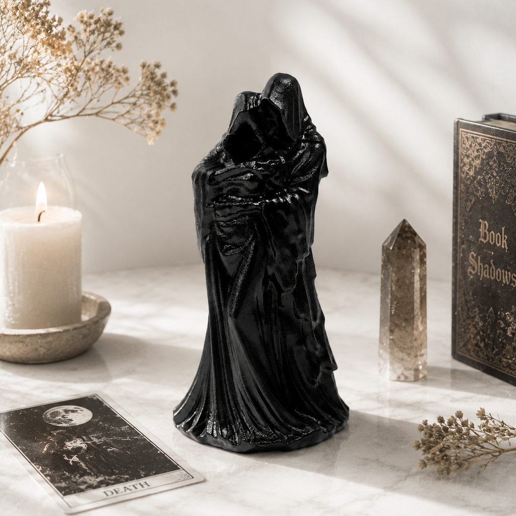 Handmade black obsidian grim reaper crystal carving gothic hooded guardian statue-C023