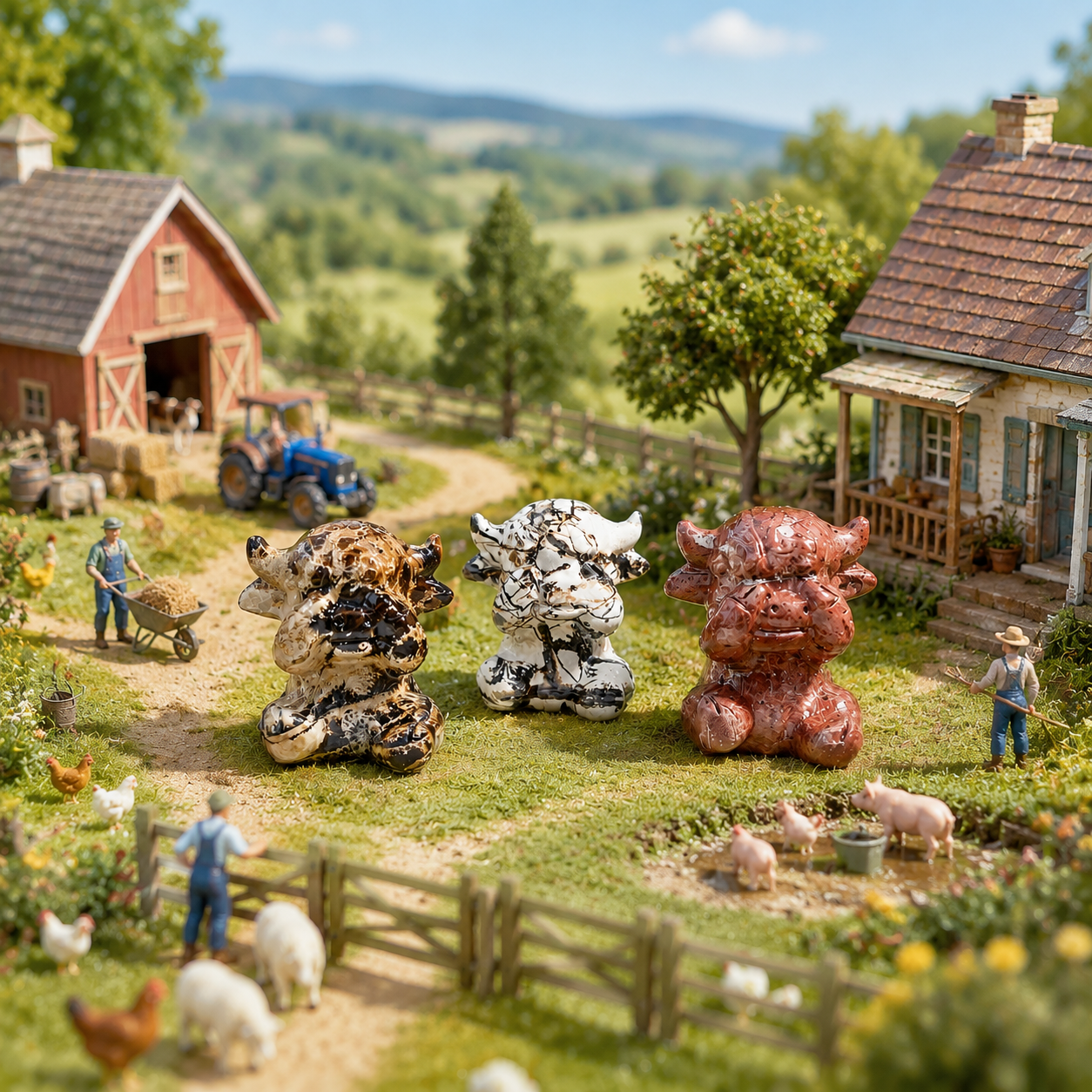 1PC natural chinese painting stone shy/giggly cow crystal carving-C022
