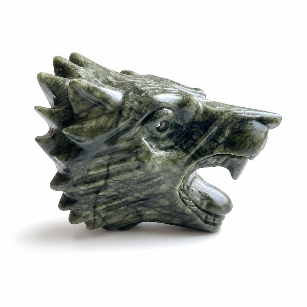 1PC natural green jade wolf head crystal carving-C024