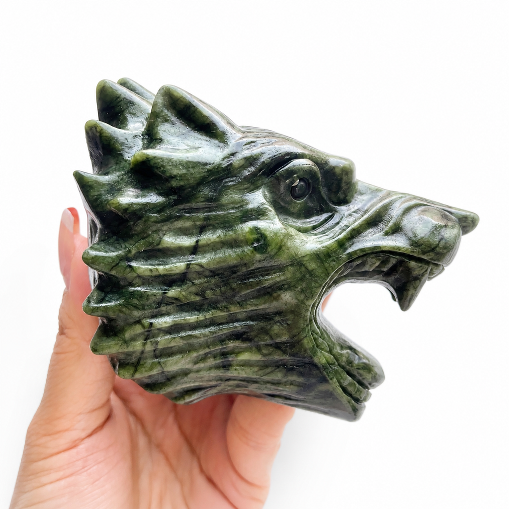 1PC natural green jade wolf head crystal carving-C024