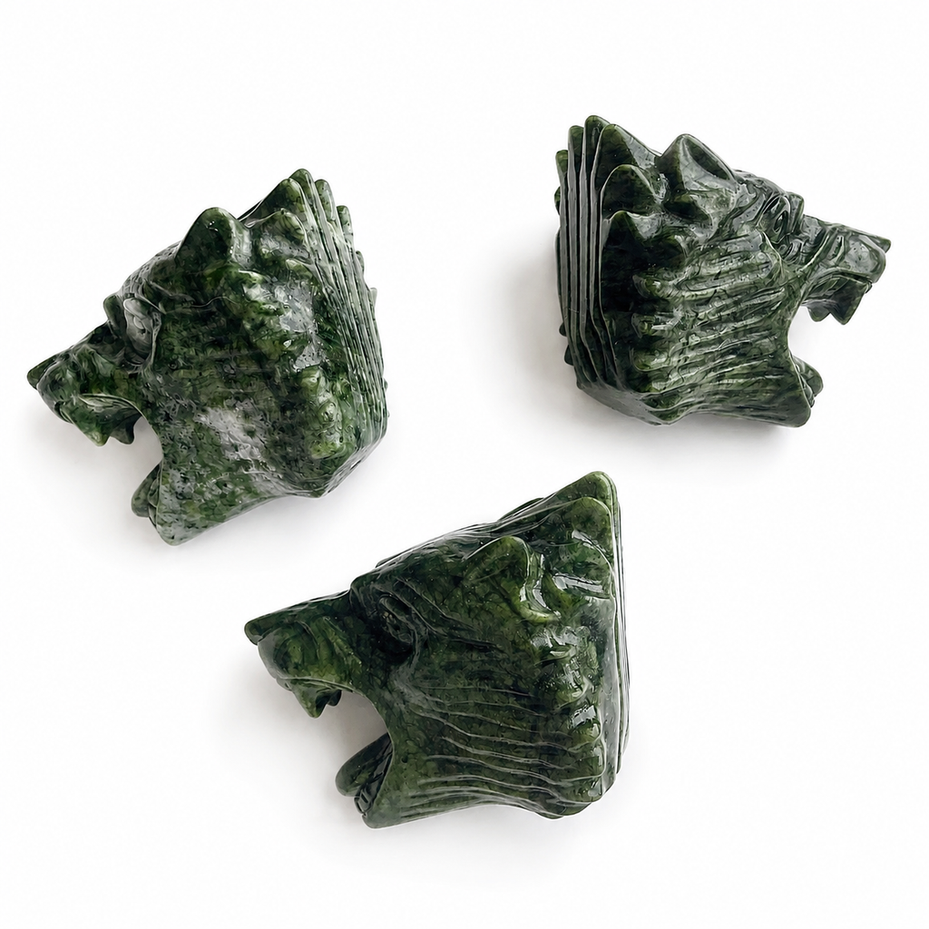 1PC natural green jade wolf head crystal carving-C024