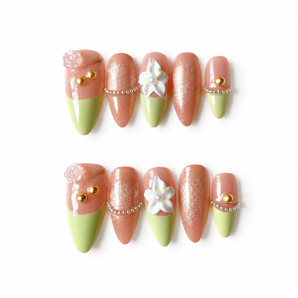 Handmade press on nails medium almond pink cat eye blush & lime green french tip 3D floral accent gold bead charm & glitter detail-Lime A074
