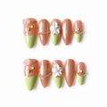 Handmade press on nails medium almond pink cat eye blush & lime green french tip 3D floral accent gold bead charm & glitter detail-Lime A074