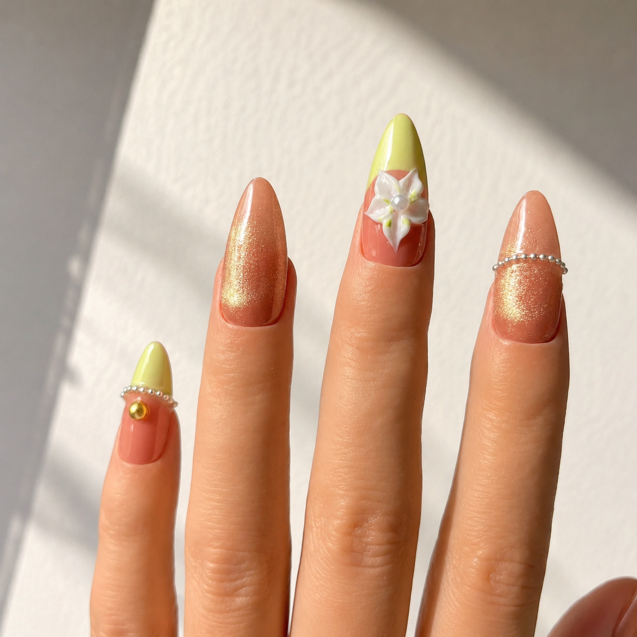Handmade press on nails medium almond pink cat eye blush & lime green french tip 3D floral accent gold bead charm & glitter detail-Lime A074