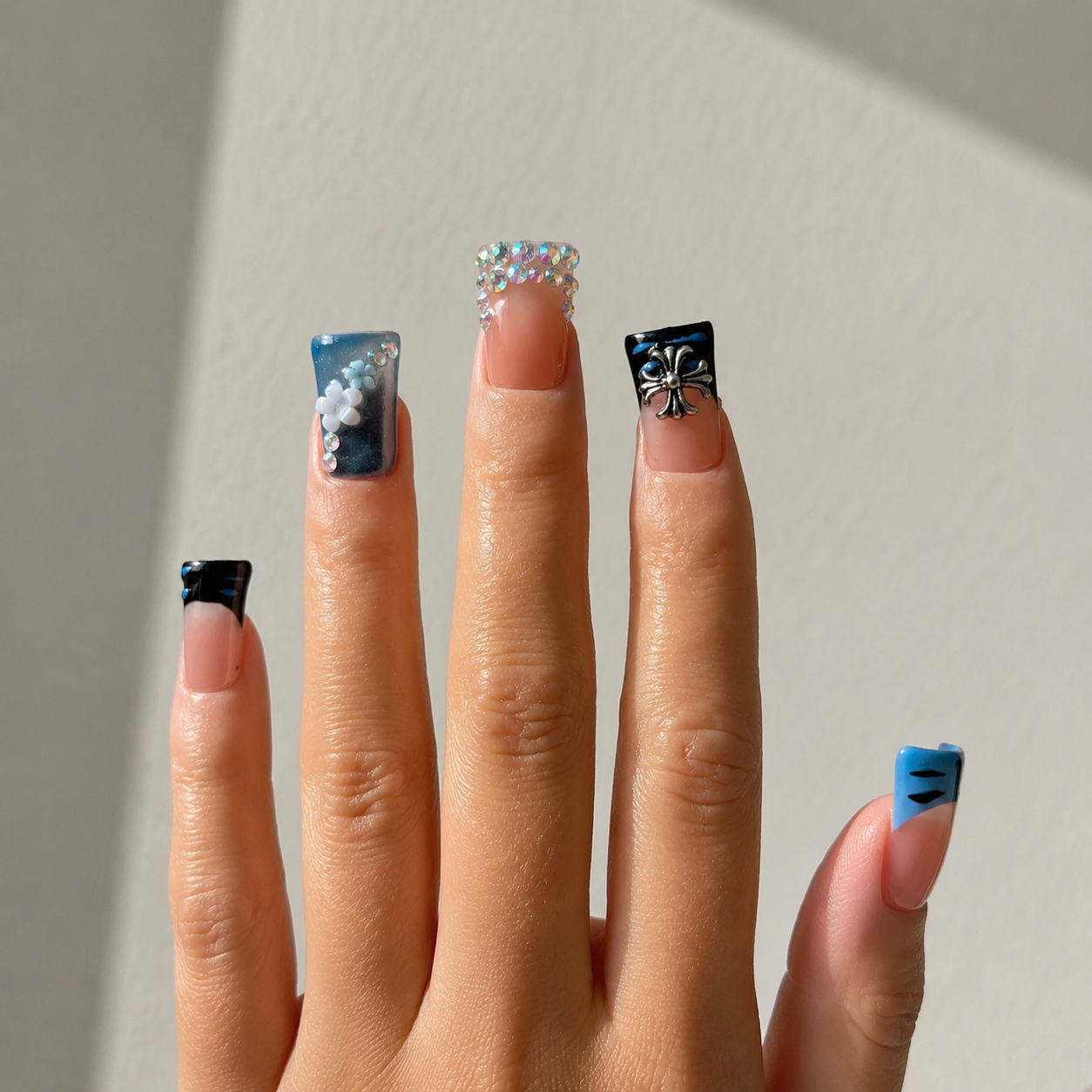 Handmade Y2K nude blue cat eye french tip 3D floral short duck Press on nails glossy rhinestone-Deep Sea A075