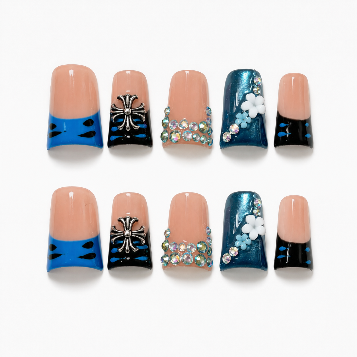 Handmade Y2K nude blue cat eye french tip 3D floral short duck Press on nails glossy rhinestone-Deep Sea A075