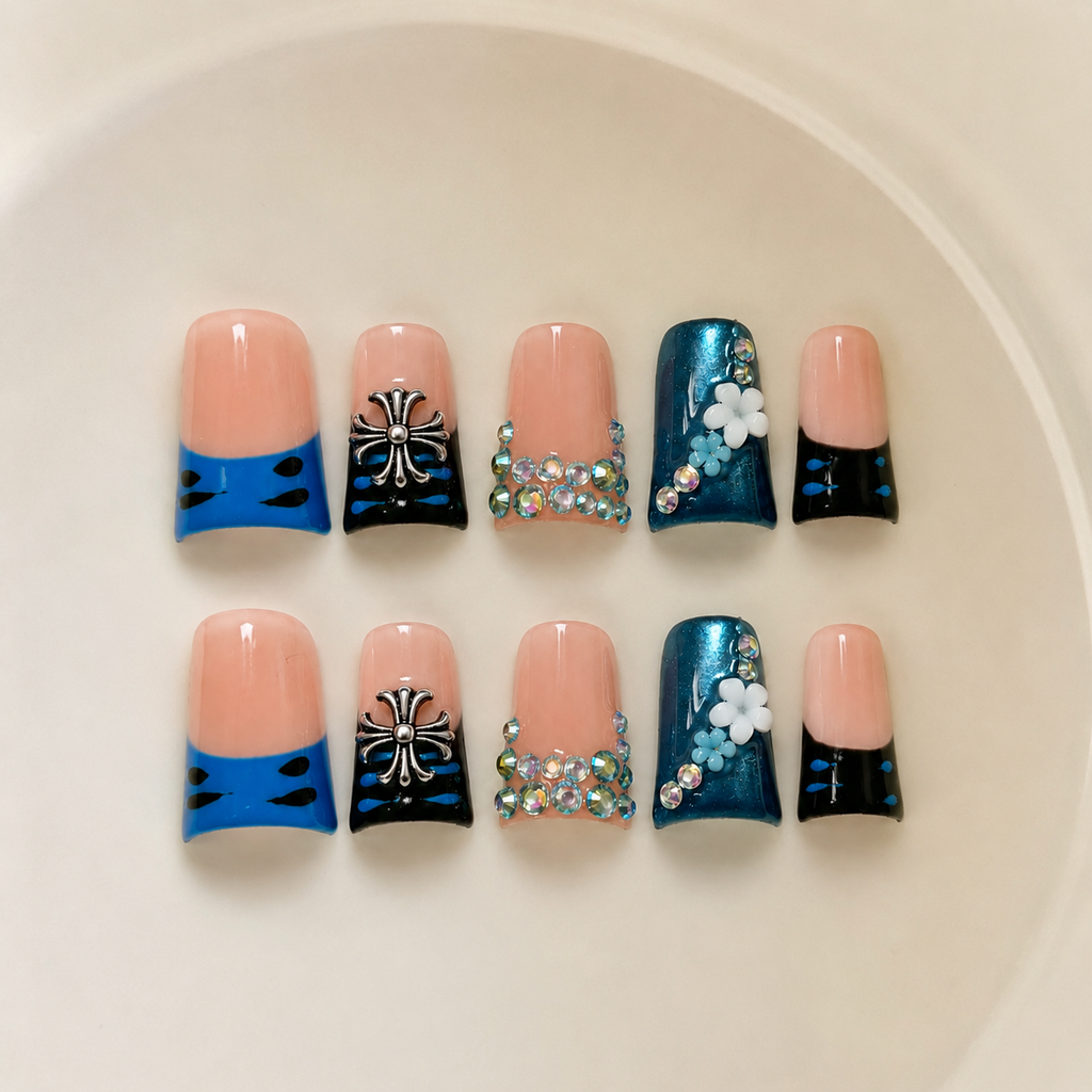 Handmade Y2K nude blue cat eye french tip 3D floral short duck Press on nails glossy rhinestone-Deep Sea A075