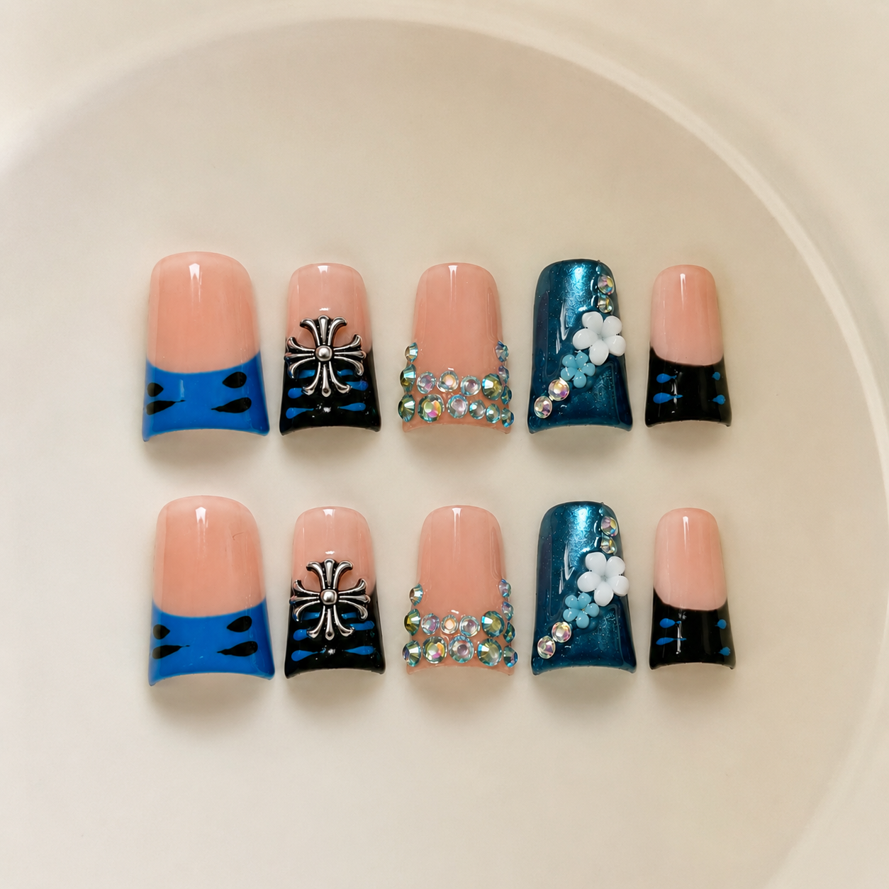 Handmade Y2K nude blue cat eye french tip 3D floral short duck Press on nails glossy rhinestone-Deep Sea A075