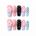 Handmade press on nails medium coffin nude base with blue french tip & polka dot accent 3D floral design detail-Soft Color Dots A076