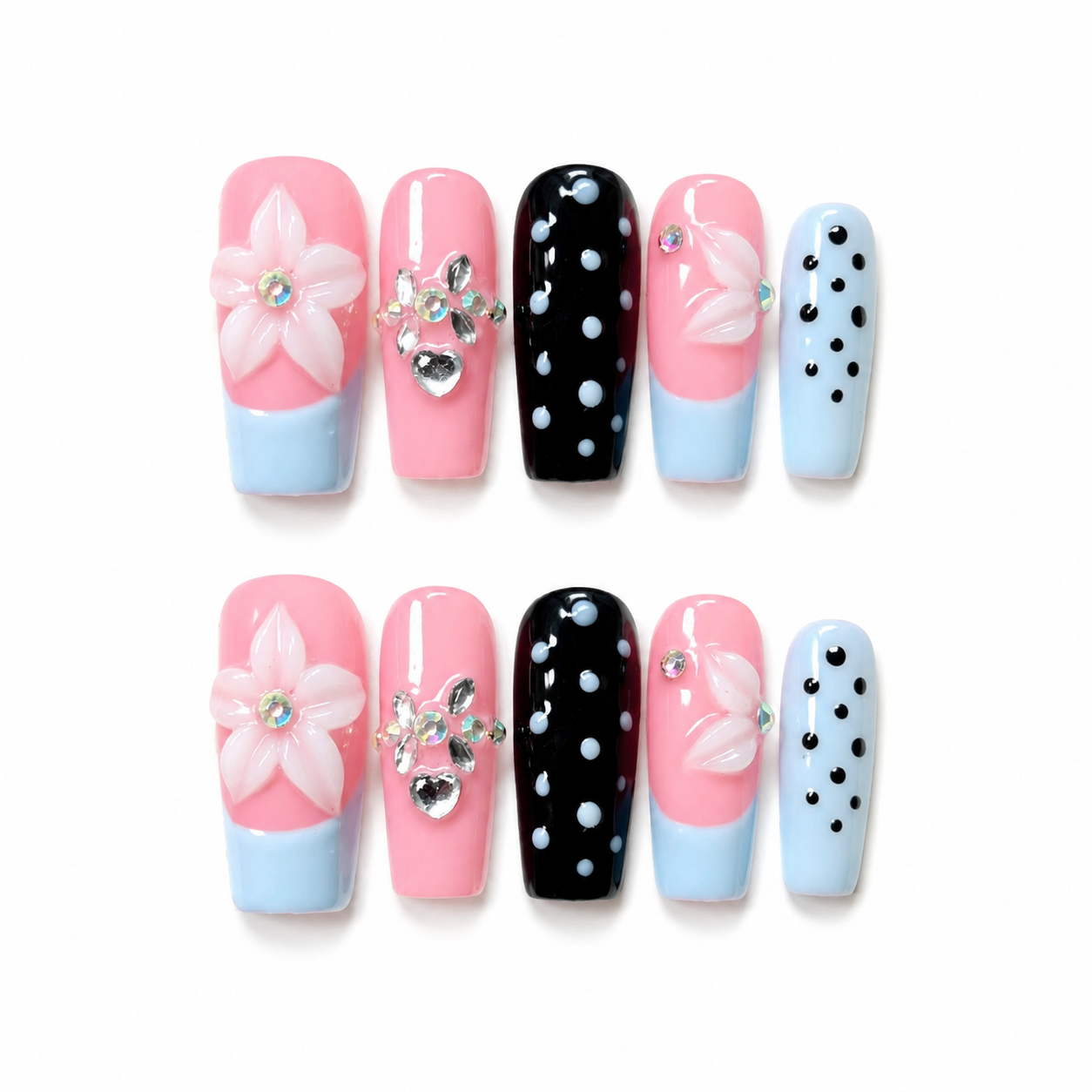 Handmade press on nails medium coffin nude base with blue french tip & polka dot accent 3D floral design detail-Soft Color Dots A076