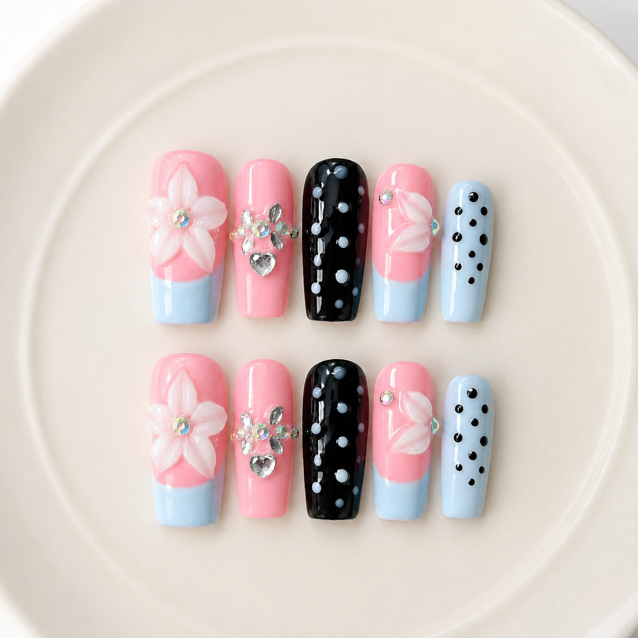 Handmade press on nails medium coffin nude base with blue french tip & polka dot accent 3D floral design detail-Soft Color Dots A076