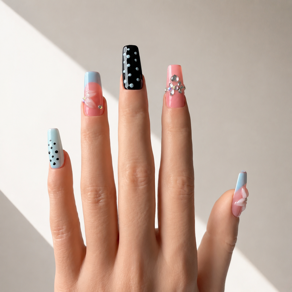Handmade press on nails medium coffin nude base with blue french tip & polka dot accent 3D floral design detail-Soft Color Dots A076