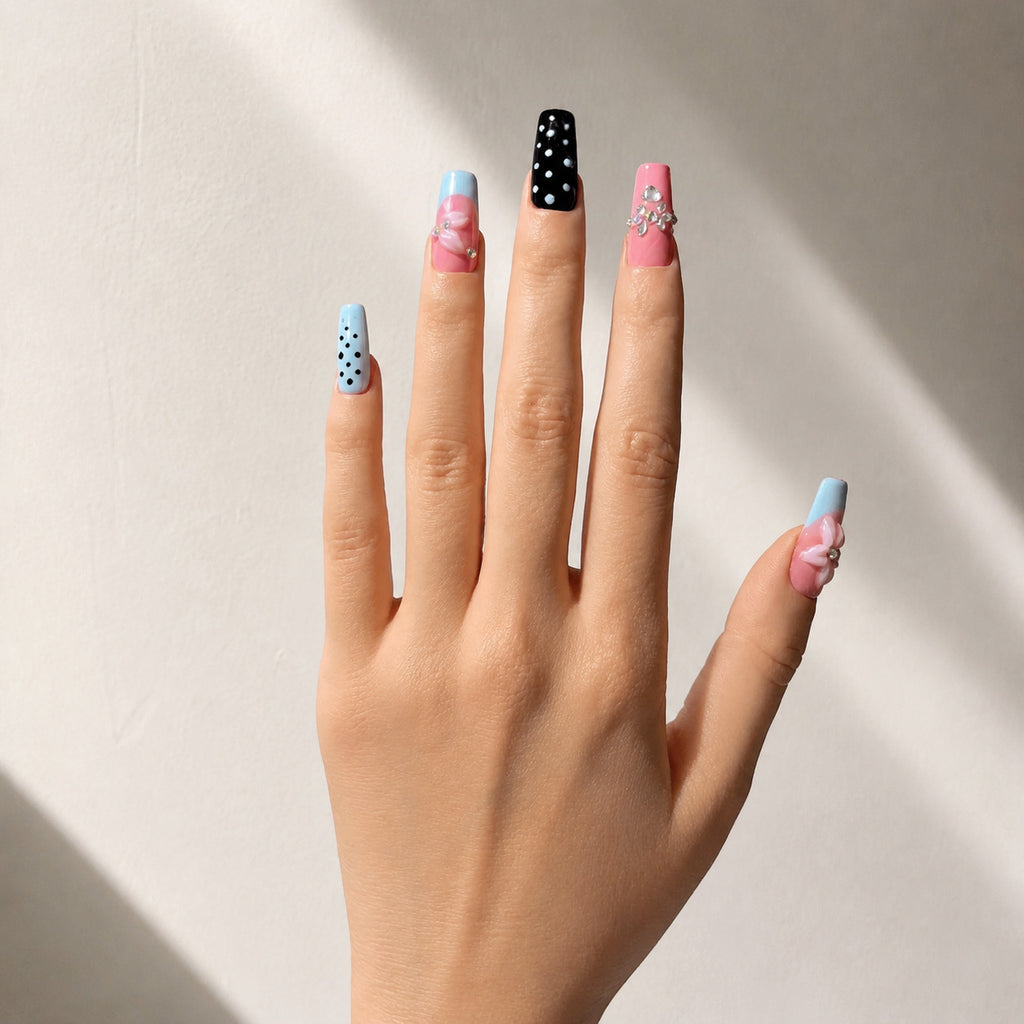 Handmade press on nails medium coffin nude base with blue french tip & polka dot accent 3D floral design detail-Soft Color Dots A076